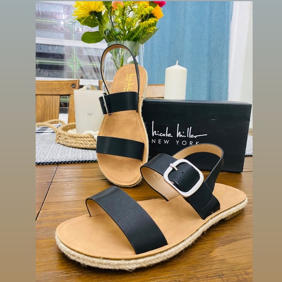 Nicole Miller Black Kaleen Sandals size 7.5 M Buckle Two strap jute rope nwt - Picture 1 of 6